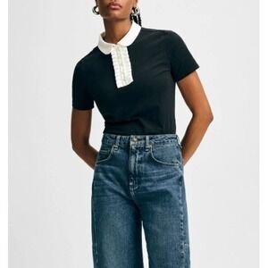 NWOT ISAAC MIZRAHI Ruffle Detail Peter Pan Tee Shirt Black Women Size Large